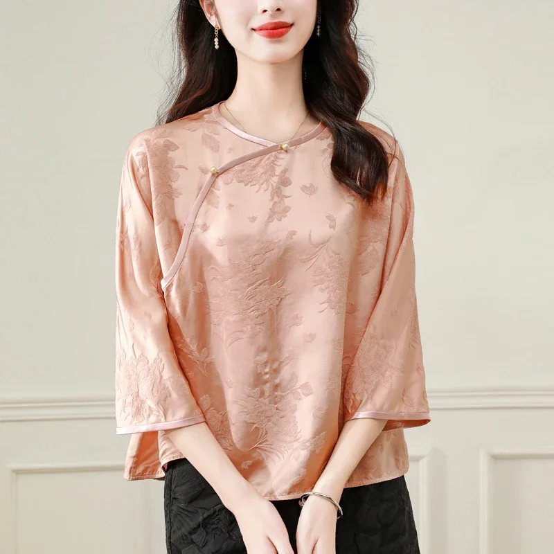 Satin Damen hemden Frühling/Sommer Blume chinesischen Stil Blusen lose lange Ärmel Vintage Frauen Tops Mode Kleidung