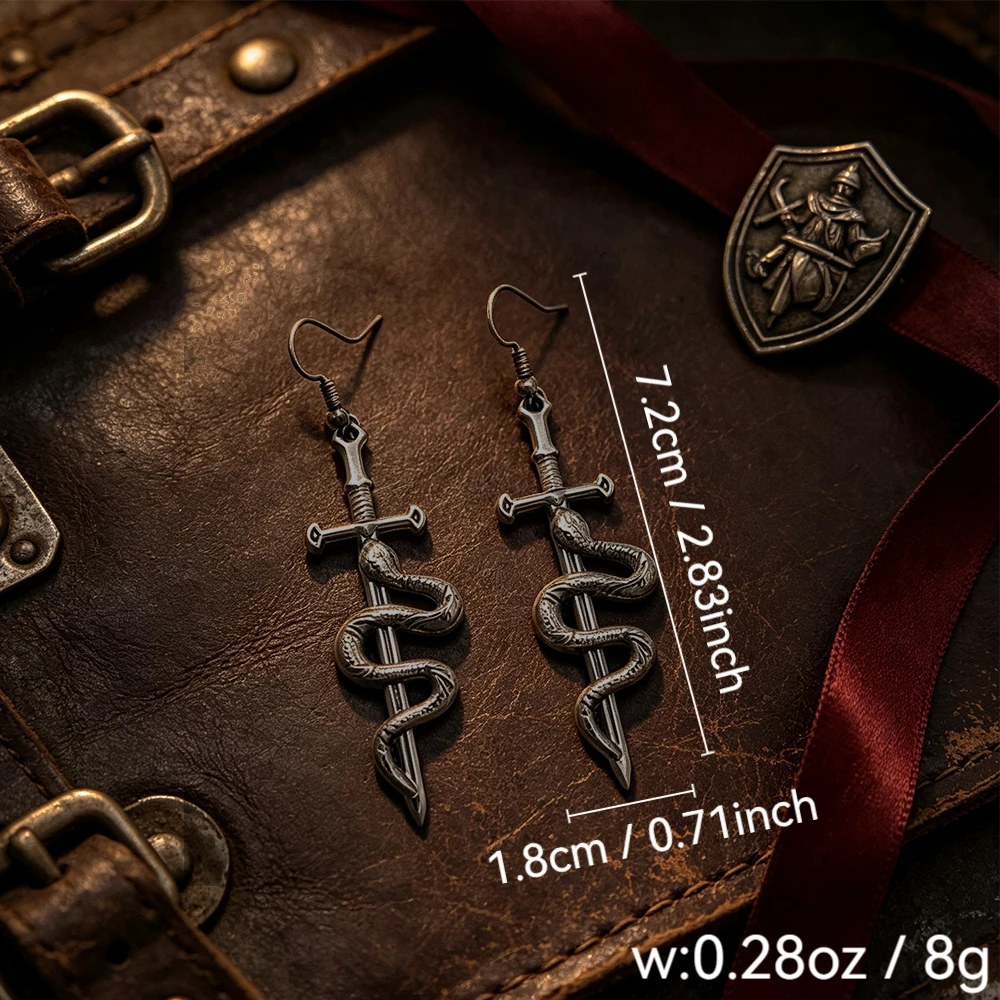 Snake-Wrapped Sword Earrings, Vintage Distressed Dark Snake-Sword Pendant Earrings, Gothic Punk Style Personalized Earrings