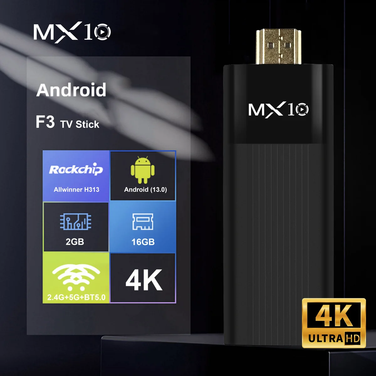 Clés TV Android 2024 MX10 F3 4K, 2 Go/16 Go, 1 unité, Boîtier TV Android EU