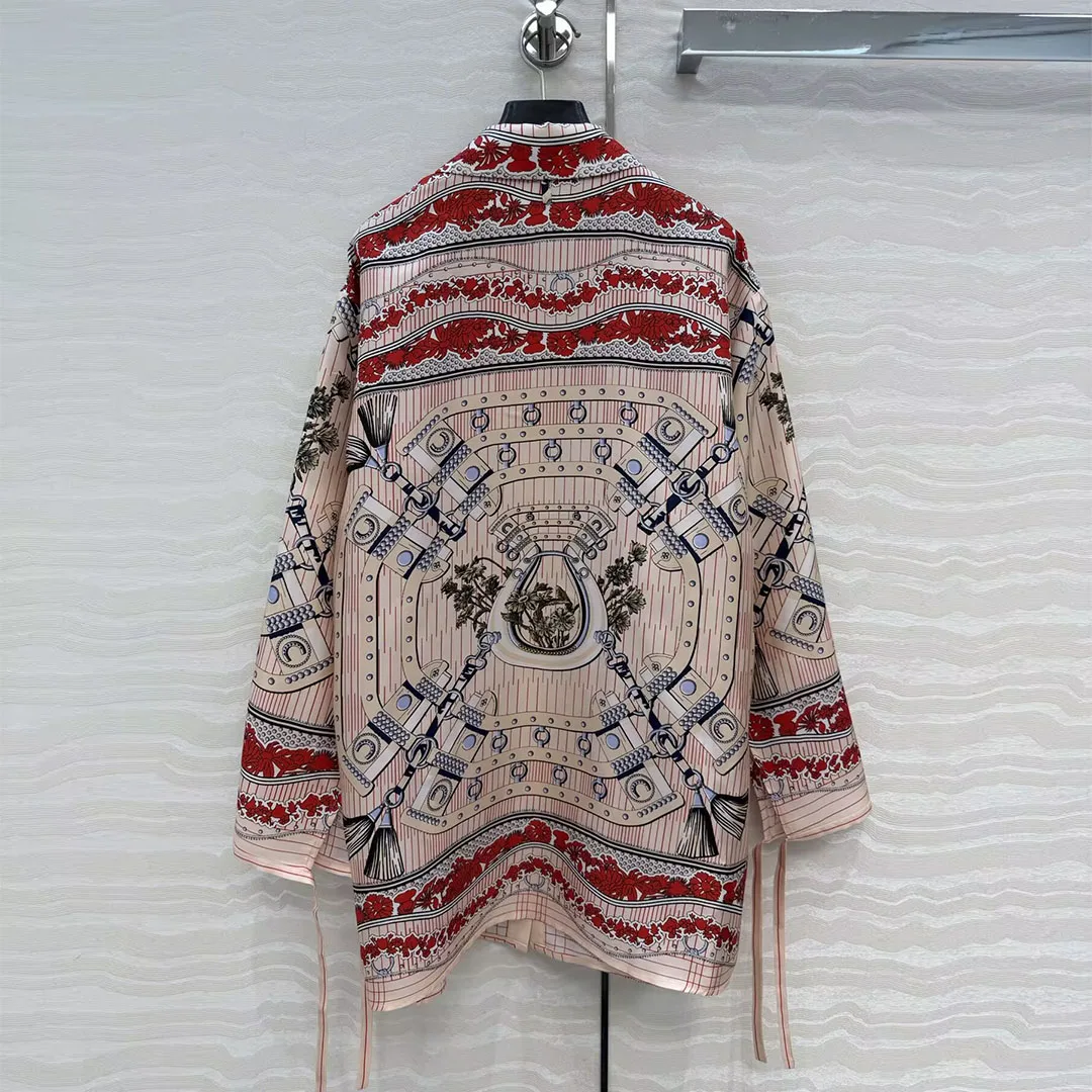 Nouvelle mode printemps 2026, chemise longue ample en soie twill 100%, imprimé floral ethnique vintage, col à revers, manches longues, chemisiers décontractés pour femmes