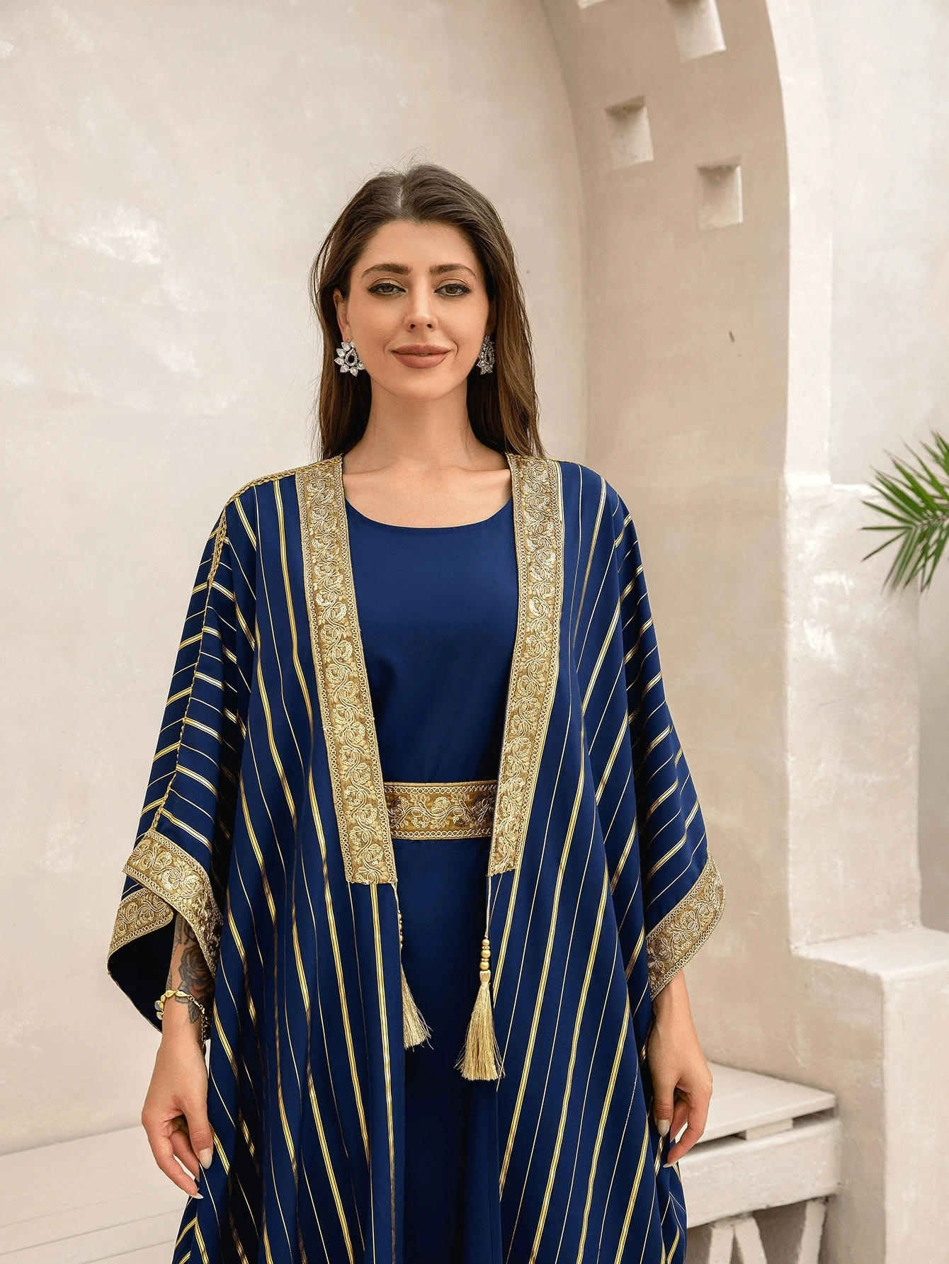 Oriente Medio Arabia Saudita musulmán bata de moda de lujo vestido de mujer Ramadán islámico verano estampado en caliente conjunto de dos piezas