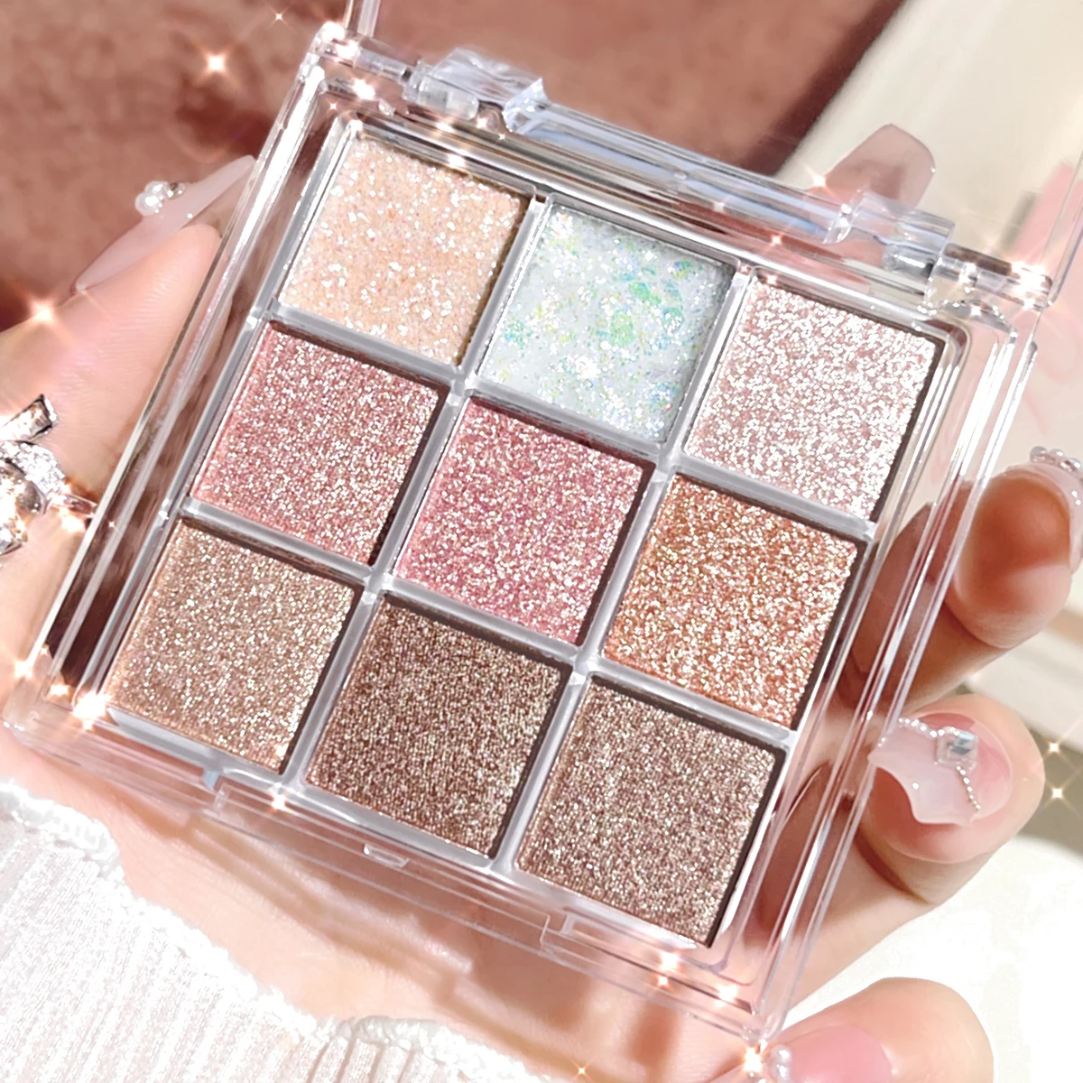 Nine-Color Eyeshadow Palette with Pearl, Fine Sparkle, Layerable Shimmer, Bright Glitter, and Vibrant Colors