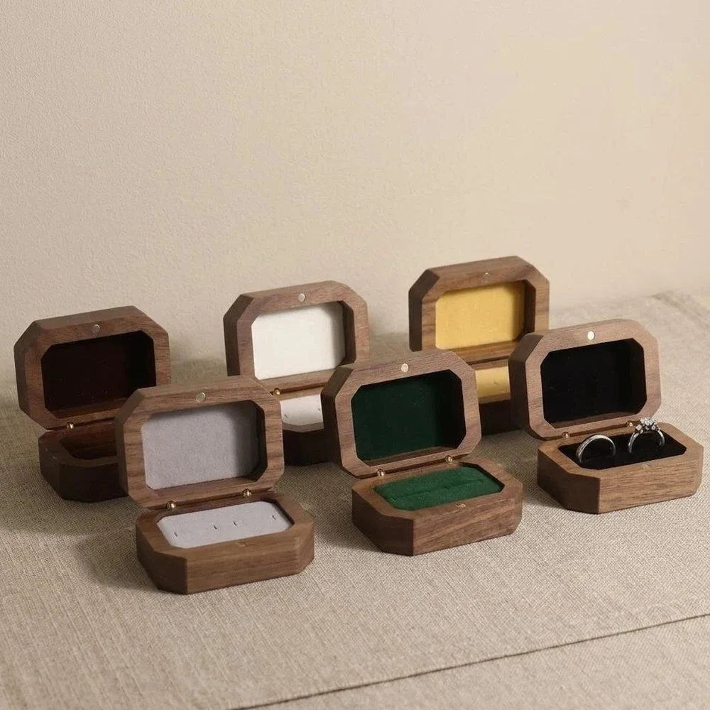 Black Walnut Wood Flip Cover Couple Ring Storage Box Accessory Shop Jewelry Counter Display Tool Wedding Band Packaging Box