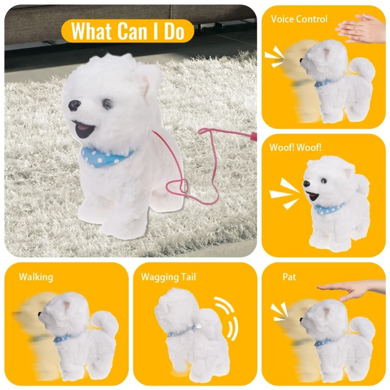 Juguete perro que camina realista, mascota peluche electrónica, correa para cachorro, juguete interactivo para niños,