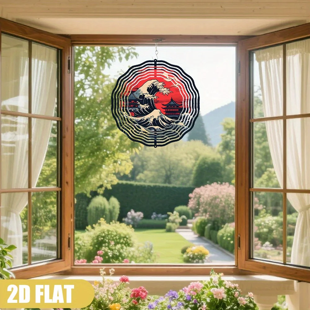 1pc 2D Flat Japanese Wave And Sunlight Wind Chime Set Metal Wind Chime With Rotating Hook, 360° Design For Indoor/Outdoor Use