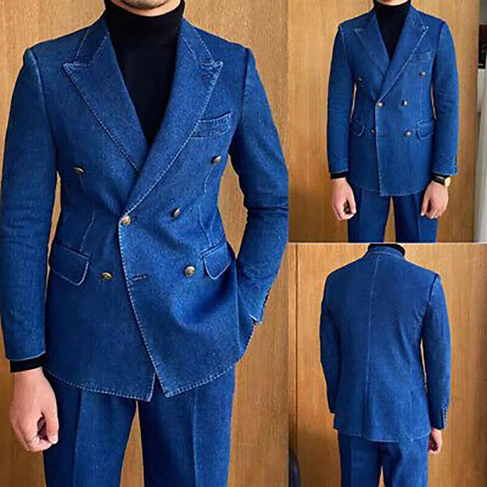 Costumes en denim à double boutonnage pour hommes, revers Patricia, devant plat, vêtements pour hommes, haute qualité, décontracté, ensemble veste et pantalon, blazer formel, 2 pièces