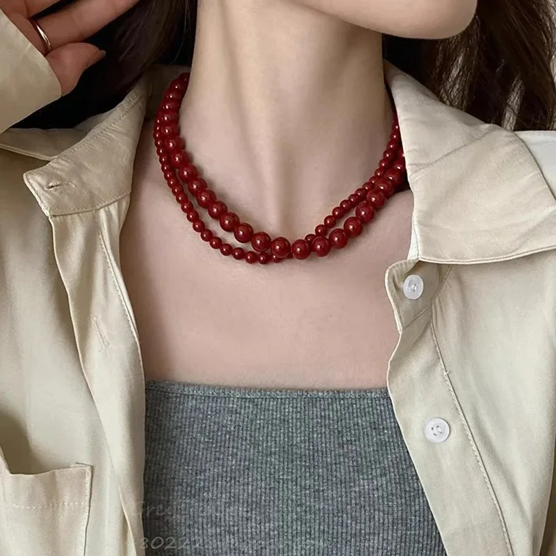 

Auspicious Black Red Beaded Necklaces for Women Chinese Style Glass Beads Necklace Exquisite Elegant Choker Jewelry Accessories