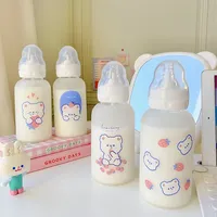 320ml Kawaii Strawberry Bear Glass Water Thermos Bottle Girls Kids Adult Milk Juice Straw Cup Frosted Leakproof Drinking Bottles