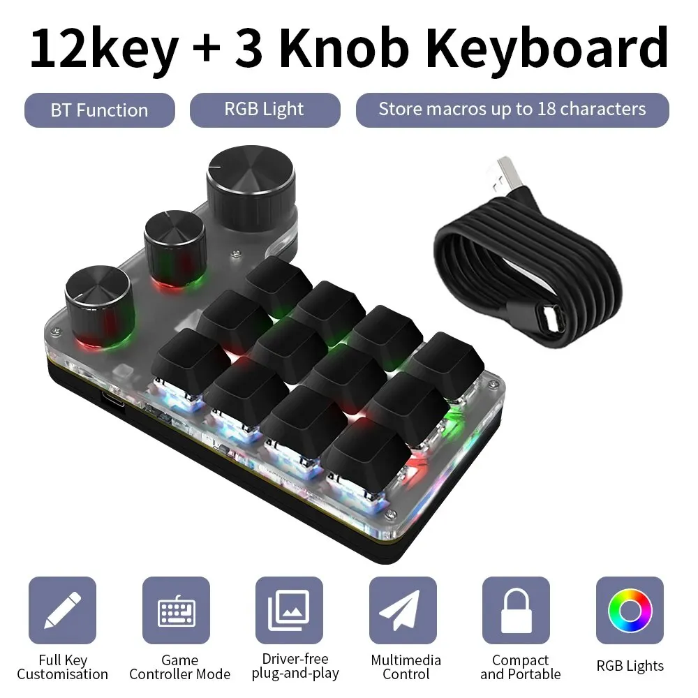 Teclado Mecánico RGB con Programación de Macros, 12 Teclas, 3 Perillas, Teclado Personalizado para Juegos, Copiar y Pegar, para Photoshop, Macropad Intercambiable en Caliente
