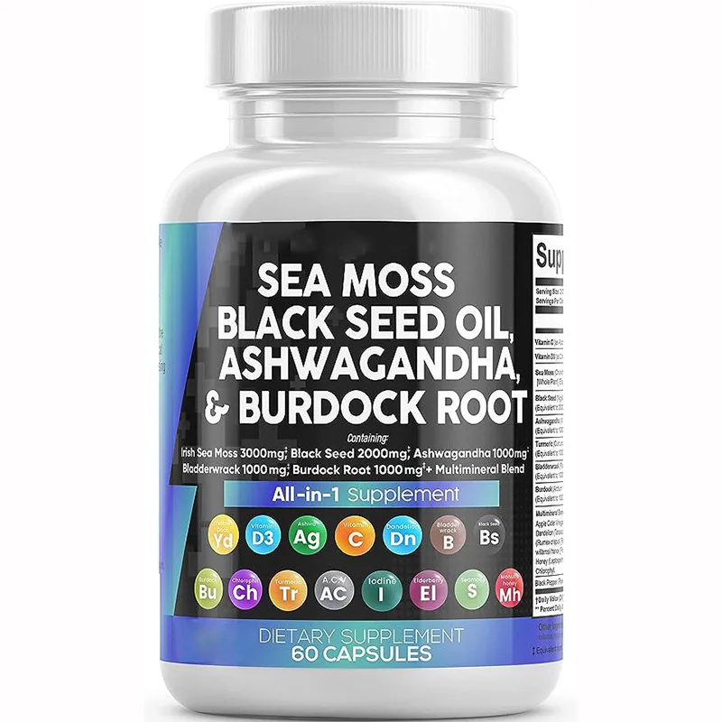 

Sea grass caps black seed oil paired with burdock roots helps with immunity, intestinal cleansing, and energy