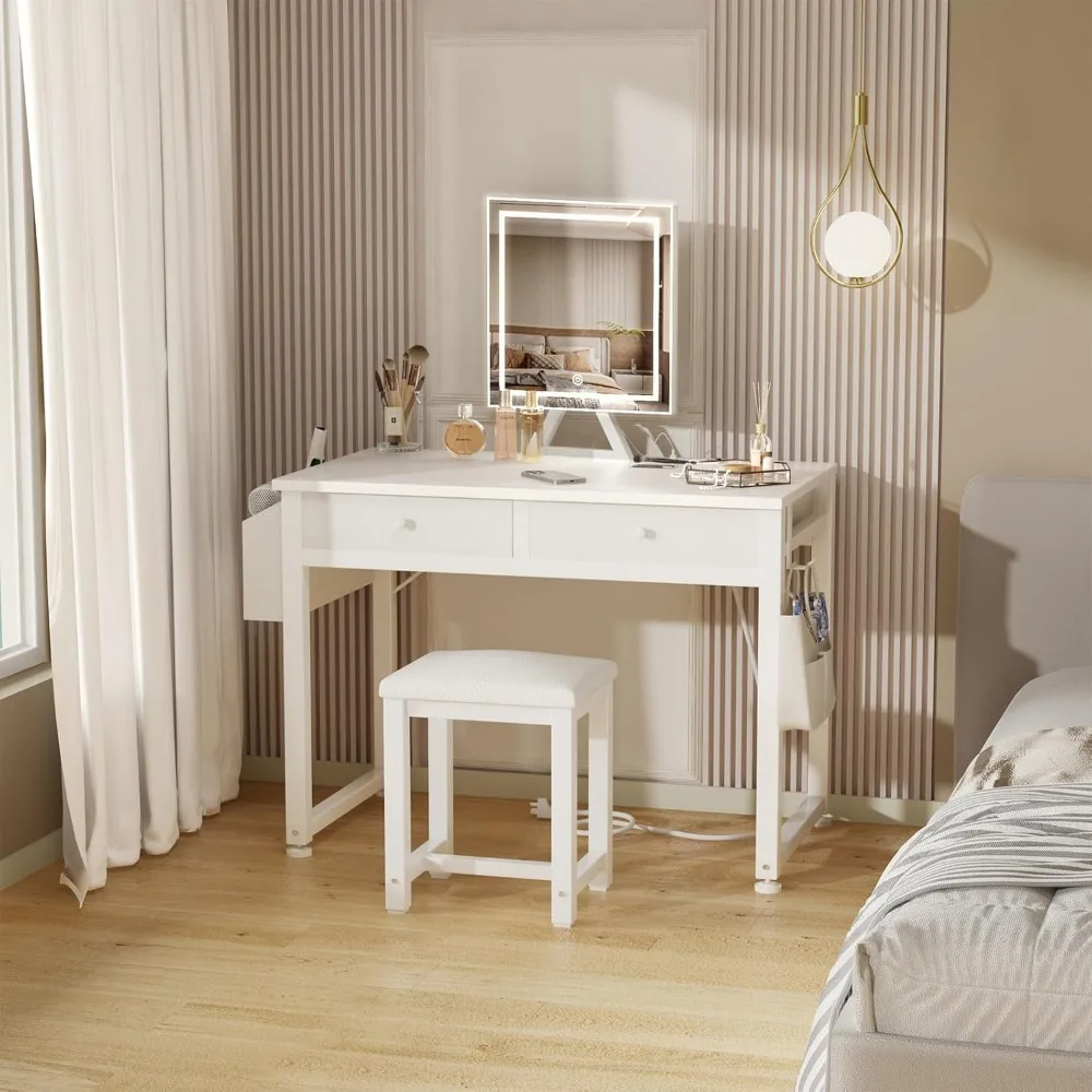 

Small Makeup Vanity Desk with Fabric Drawers, 32 inch White Vanity Desks with Mirror and Light, Dressing Table and Chair