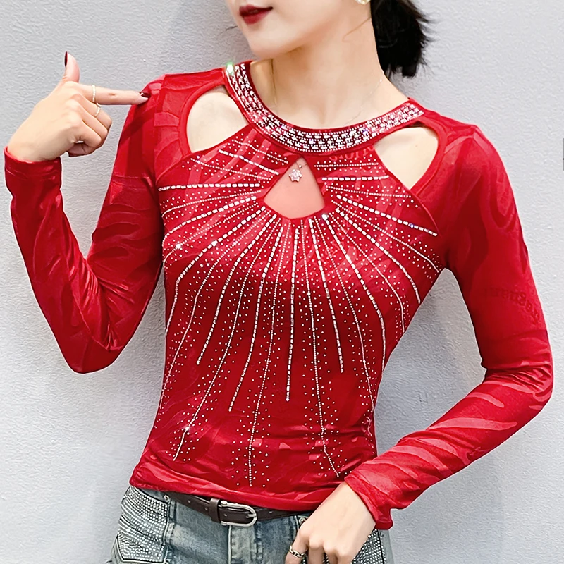 Trendy 2026 Spring Summer Women's Top Sheer Mesh with Bling Crystals, Hollow Out Round Neck Long Sleeve Slim Fit Chic T-shirt