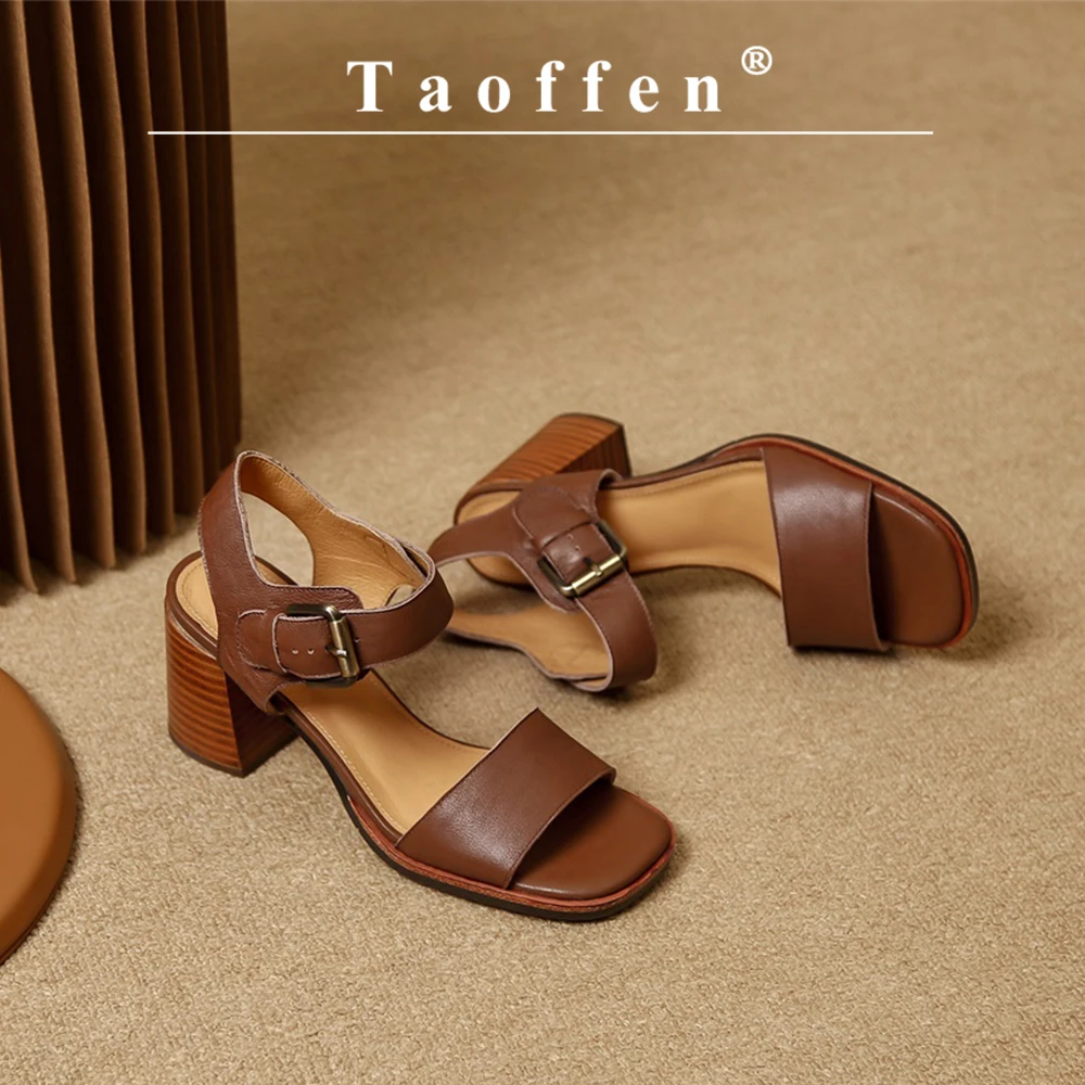 

Taoffen Casual Sandals For Women Genuine Cow Leather Block High Heels Lady Roma Sandals Open Toe Retro Buckle Ankle Strap Shoes