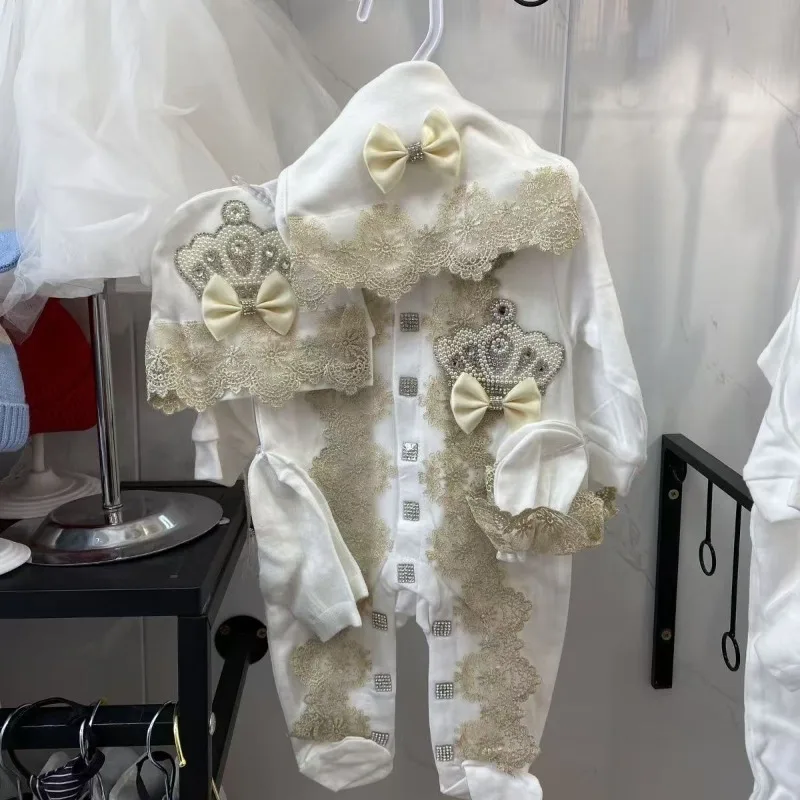 Ins Handmade Baby Cute Lace Collar Climbing Suit 3-piece Set New Baby Baptism Clothes Newborn Baby Romper High Quality Clothes