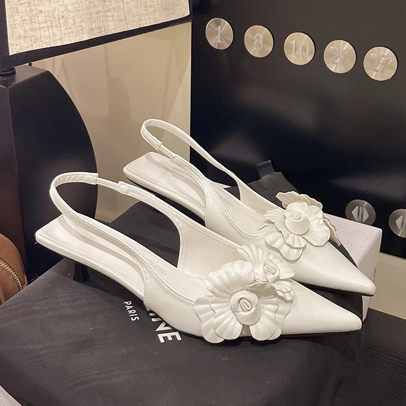 

Women's High Heel Sandals Elegant Flower Design Sandals Sexy Pointed Toe Slingback Pumps Mules Pumps Shallow Mouth Single Shoes