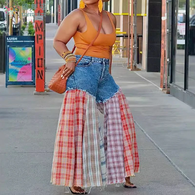 Damskie kolorowe jeansy z szerokimi nogawkami, patchworkowe, w kratę, zapinane na zamek, w stylu vintage, streetwear, jesienne, outdoorowe, dżinsowe spodnie.