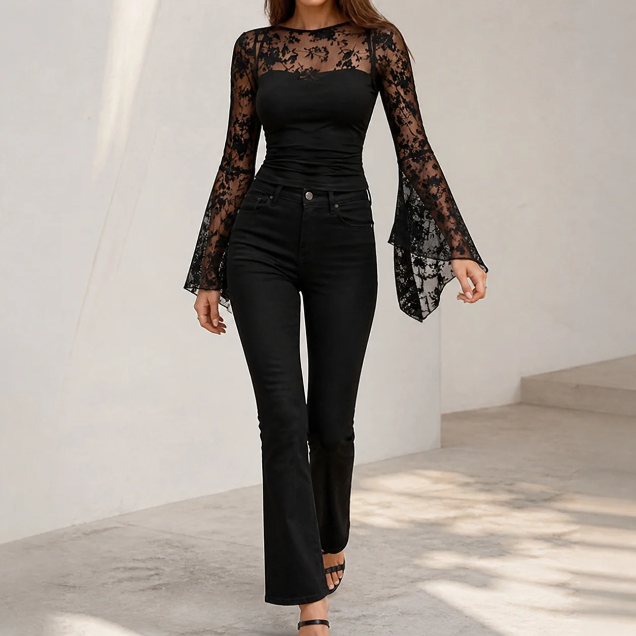 Patchwork Long Sleeve Cropped Top Private Celebrity Style with Pullover Fitted T Shirt Square Neck Seamless Construction Sexy