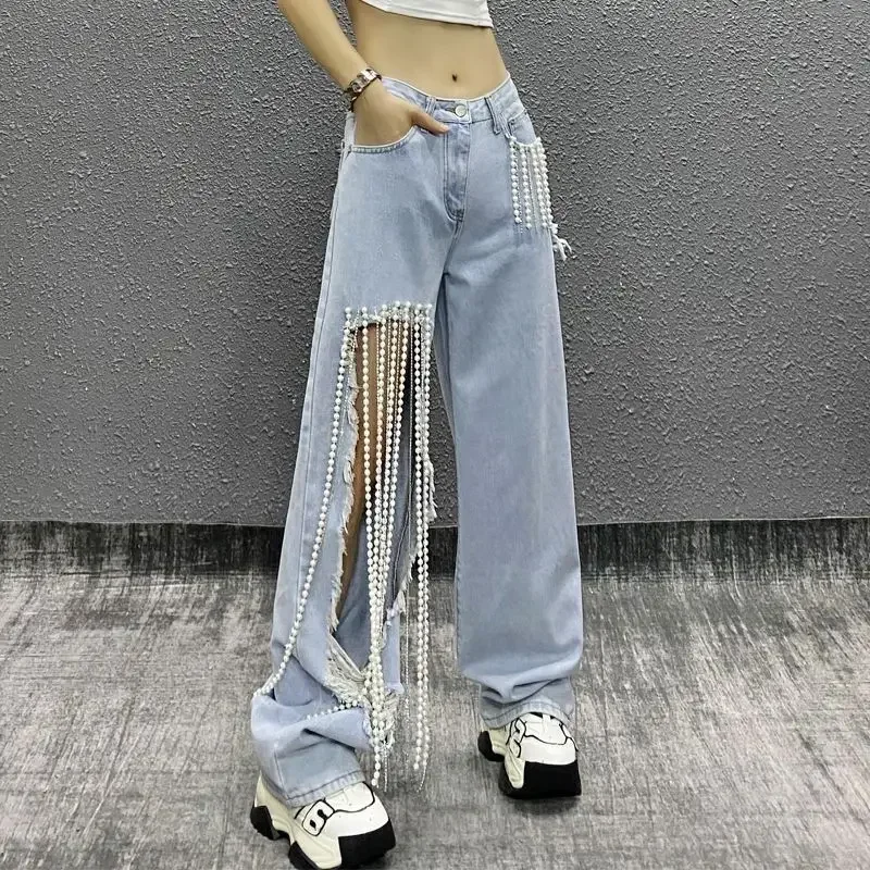2025 Jeans dritti strappati con catena di perle dell'industria pesante Donna Primavera ed estate Jeans larghi a vita alta stile street femminile