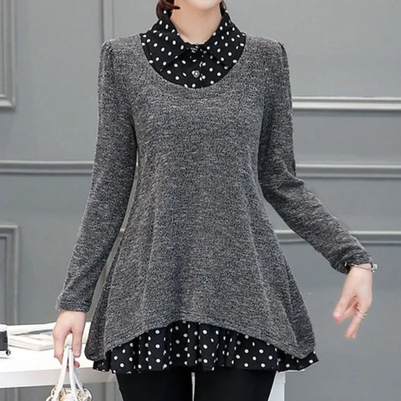 Female Elegant Fashion Polka Dot Spliced Long Sleeve Tops Casual Commute Fake Two Pieces Knitted Pullovers Women's Clothing