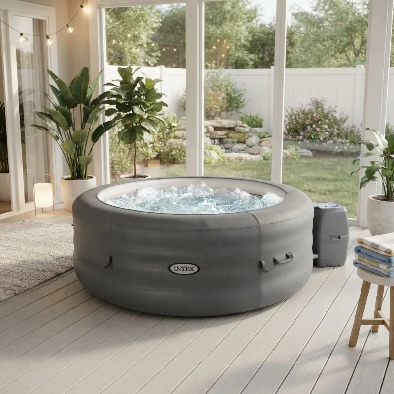 SimpleSpa 6 Person Round Inflatable Hot Tub,Bubble Massage Spa Set with Insulated Cover,Thermal Ground Cloth,85 in x 26 in