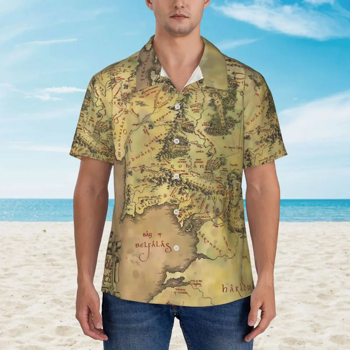 

Hawaiian Shirt Vacation Retro Map Blouses MIDDLE EARTH Elegant Casual Shirts Male Short Sleeve Y2K Street Clothing