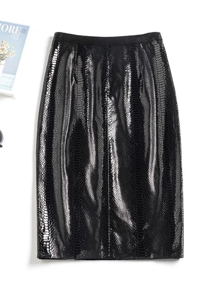 Elegant Office Ladies High Waist Sheepskin Genuine Leather Skirt Sexy Split Medium Long Fashion Women Black A Line Skirts 4XL
