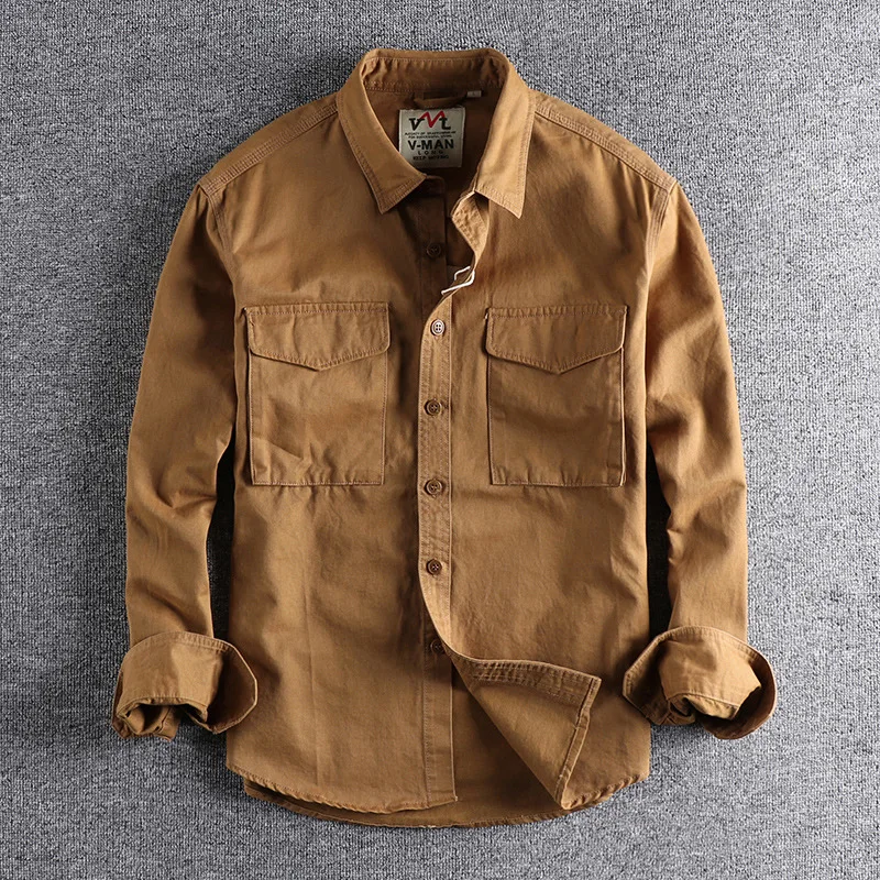 

Men's Premium Cotton Cargo Shirt Long Sleeve Neck Thickened Fleece Autumn Season Special Wide Fit Color W
