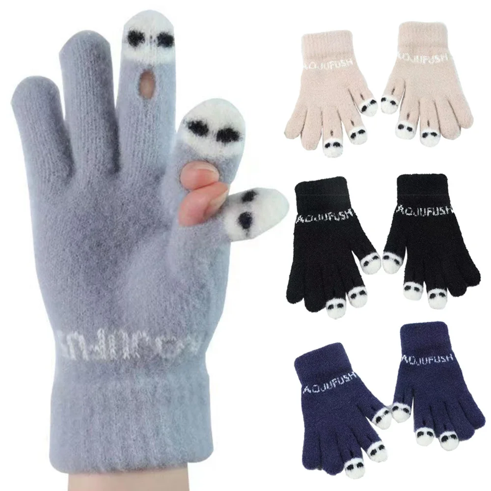 

Cute Panda Fingertip Warm Gloves Winter Fluffy Knitted Fingerless Gloves Wool Touchscreen Full Finger Mittens For Women Girls