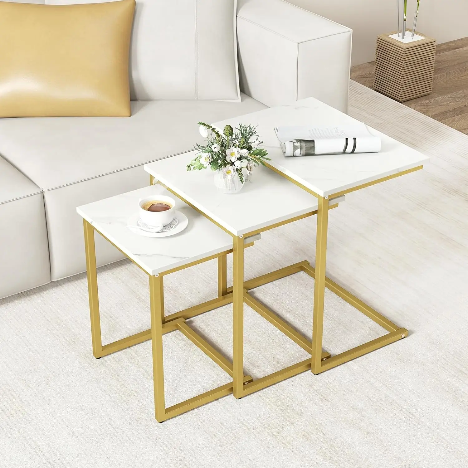 

Rectangular Faux Marble Top Metal Frame Nesting Coffee Table Set of 3 C Side Tables Living Room Bedroom Gold White, Customized