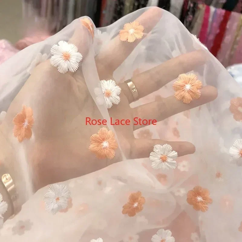 

Transparent Organza flower embroidery Fabric orange blue floral lace fabric for Wedding Dress, Gril dress Spring Dress 1 yards