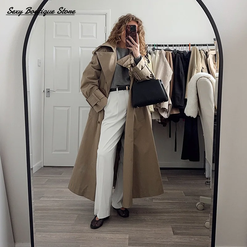 

Elegant Commuter Long Jacket For Women Lapel Long Sleeve Lace Up Trench Coat Loose Casual Overcoat 2025 New Autumn Winter Coats