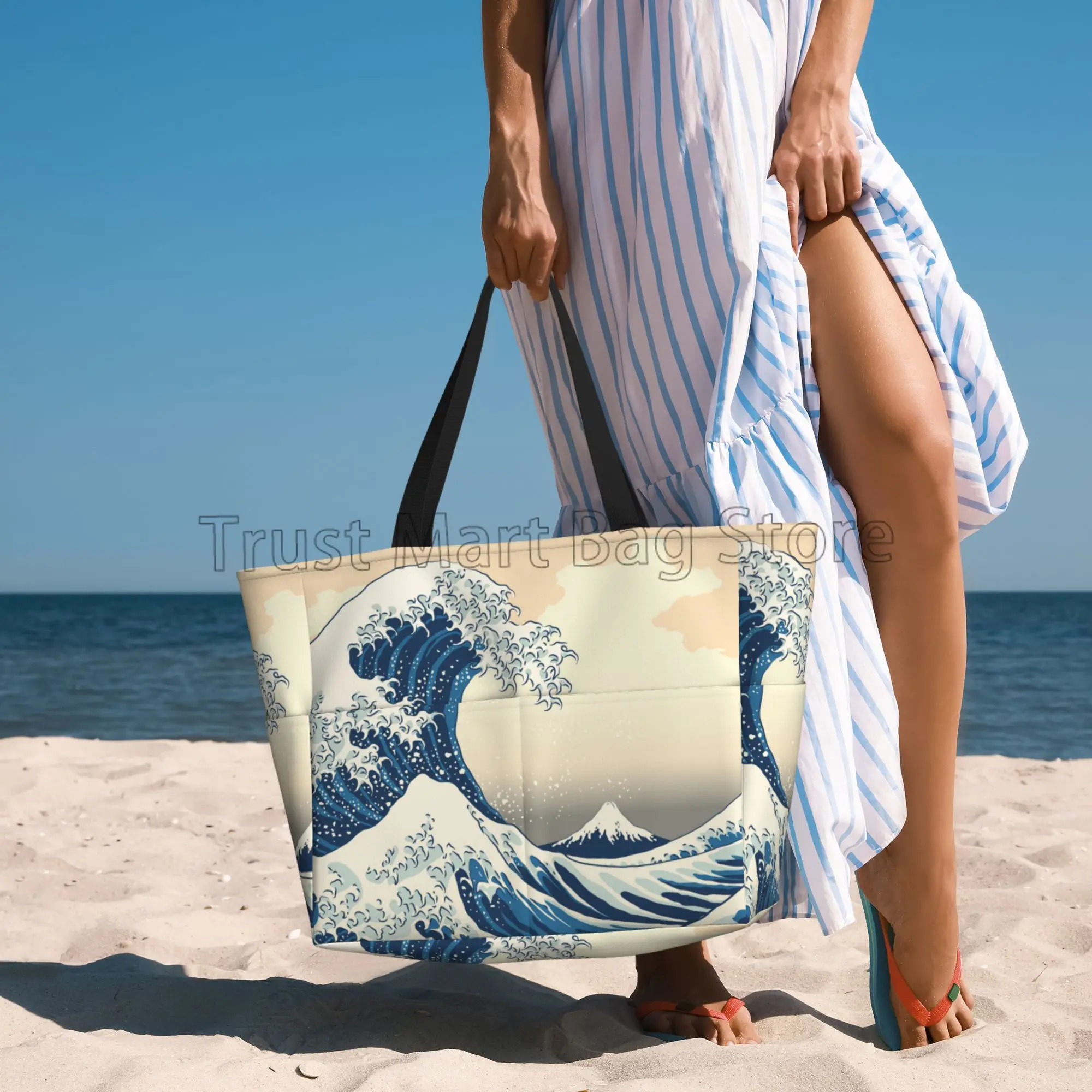 Japanes Sea Waves Large Capacity Beach Travel Bag Women Foldable Tote Bag Pool Bags for Travel Vacation Gym Swim