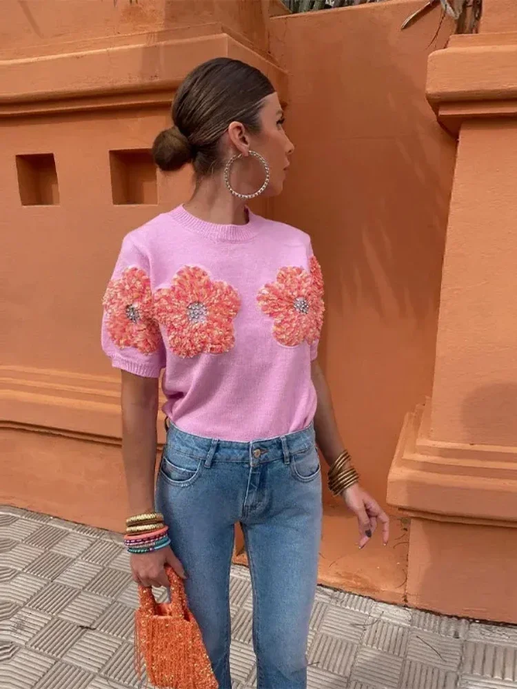 2024 Fashion Women 3D Flower Knitted Sweater Elegant Lady O Neck Short Sleeved Pullover Tops Chic Female Commute Street Outfits