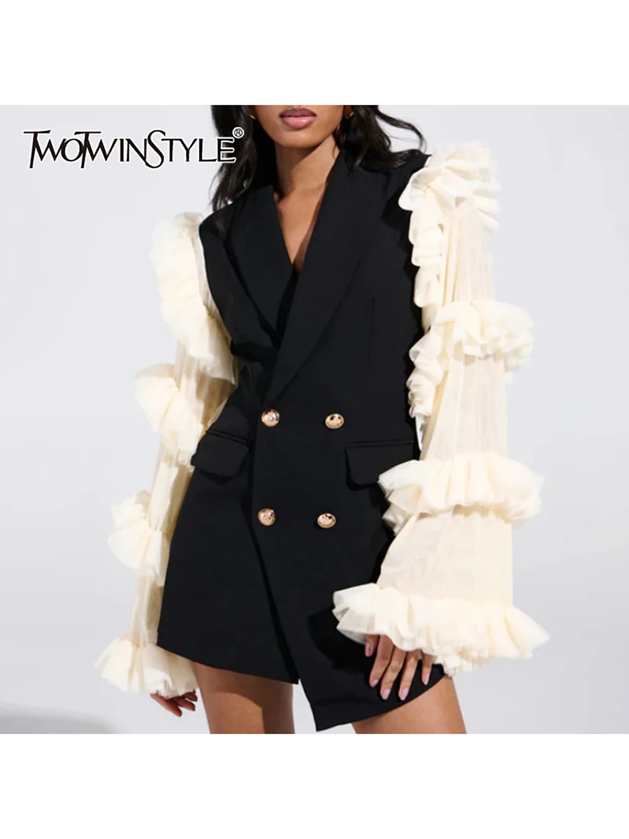 

TWOTWINSTYLE модные женские пиджаки со складками в виде грибка с лацканами и длинными рукавами в стиле пэчворк, сетчатый нерегулярный пиджак, женская одежда