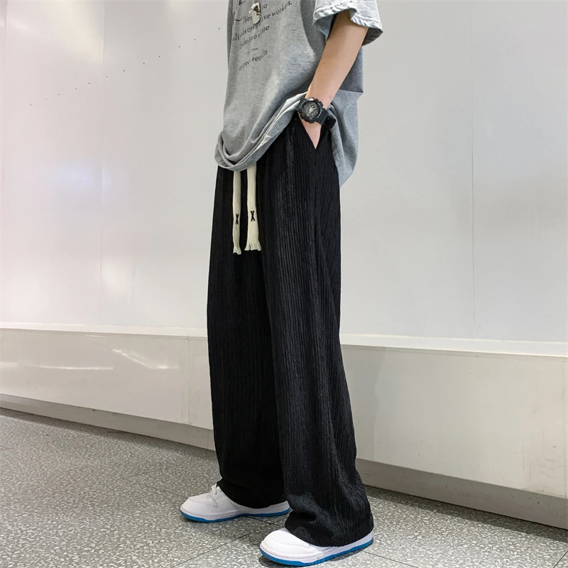 Summer Ice Silk Pants Men Fashion Oversized Wide Leg Pants Men Japanese Streetwear Hip Hop Loose Pleated Pants Mens Trousers