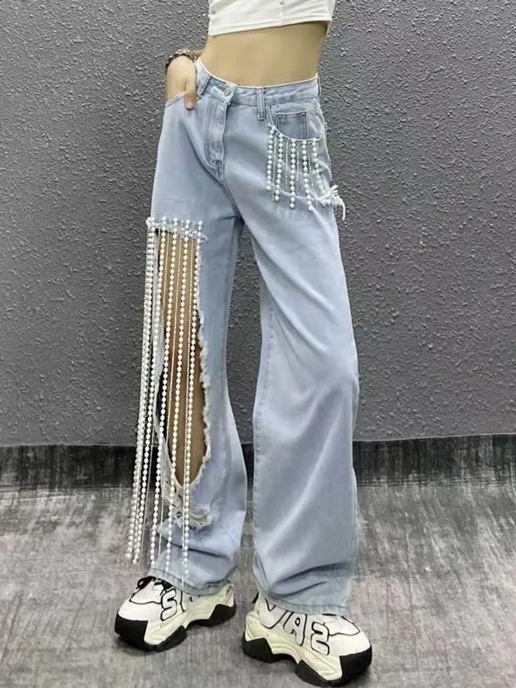 Fashion Women's Beaded Straight Pants Baggy High Waist Zipper Pockets All-match Trousers Female 2025 Spring Y2k Lady Streetwears