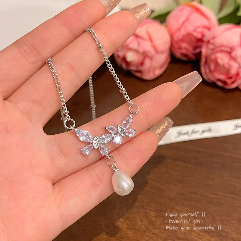 

Elegant Tassel Pearl Butterfly Necklace For Women Girls Vintage Light Luxury Pendant Clavicle Chain Wedding Jewelry Gifts