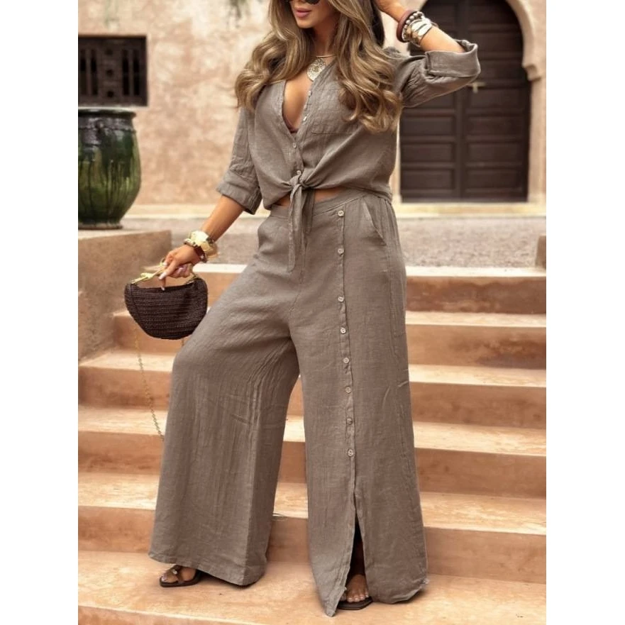 Conjunto largo de lino y algodón Sve para mujer, Color puro, con botones, Dr Casual Sle, temporada de otoño, Faion juvenil, estación independiente
