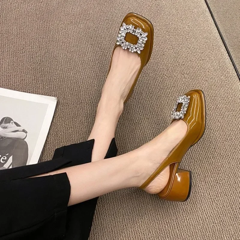 Summer New Baotou Sandals Women\'s French Retro Square Headed Water Diamond Buckle Back Hollow Thick Heel Sandals Large 42