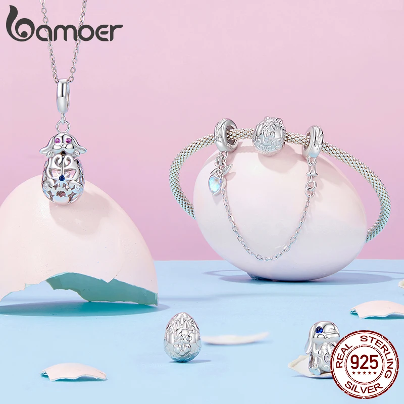 BAMOER Solid 925 Sterling Silver Easter Rabbit with Egg Charm Bead fit Original Bracelet DIY Jewelry Accessories bamoer Beads