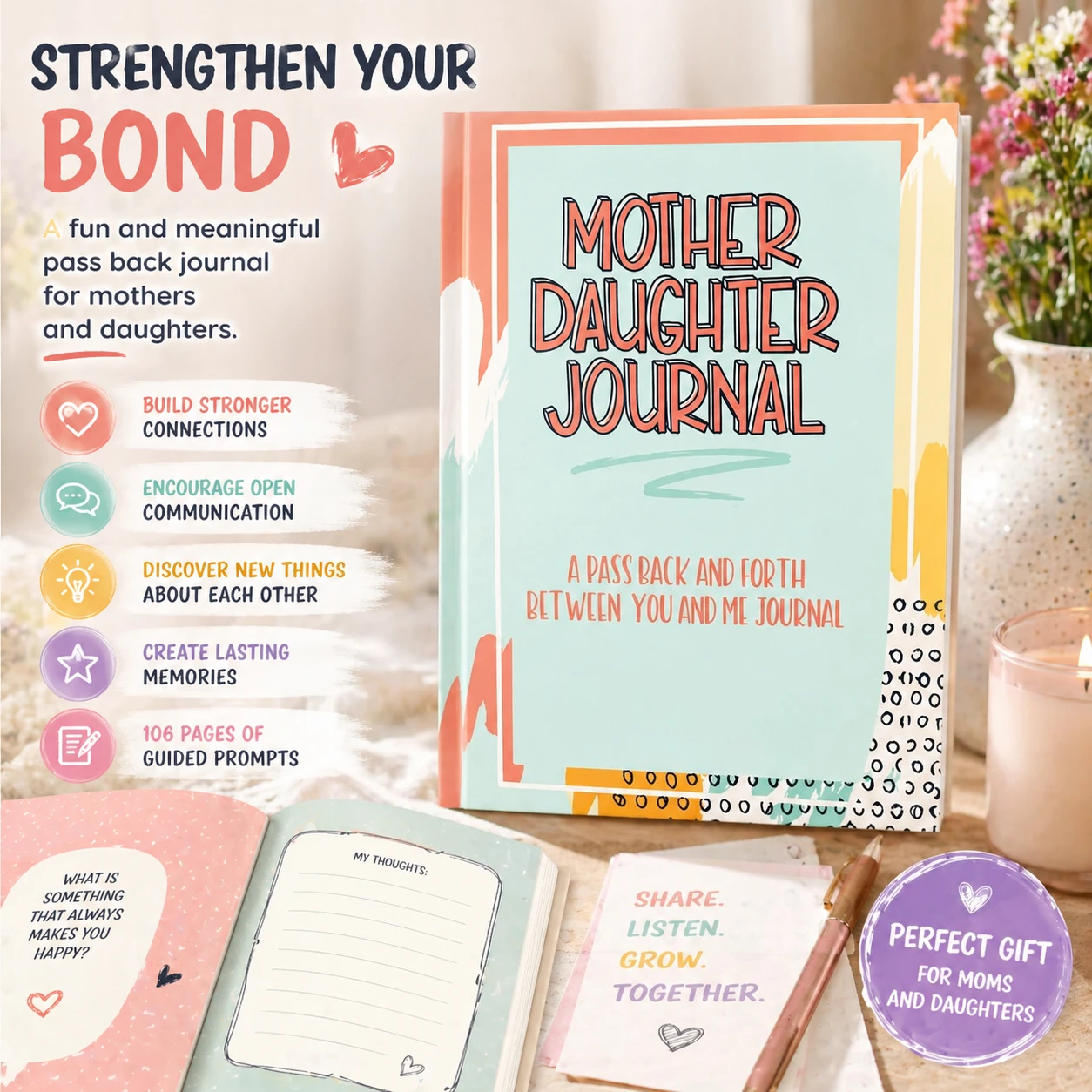 Mother Daughter Journal Interactive Notebook Communication Book with Prompts Thick Paper 106 Pages Pass Back Journal