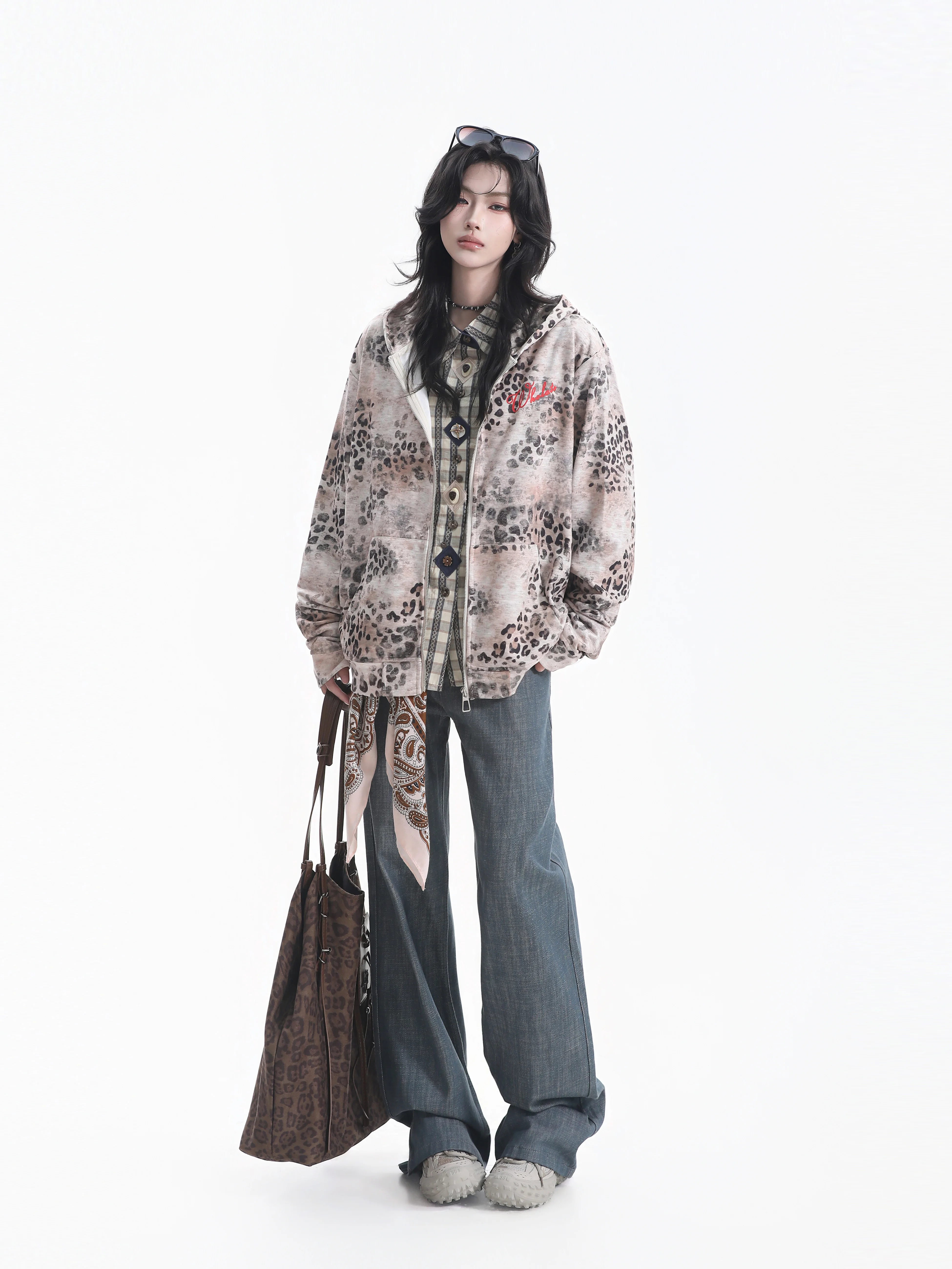 Retro American Leopard Print Hooded Jacket Women Loose Letter Print Street Design Couple Open Cardigan Polyester Fiber Long S...