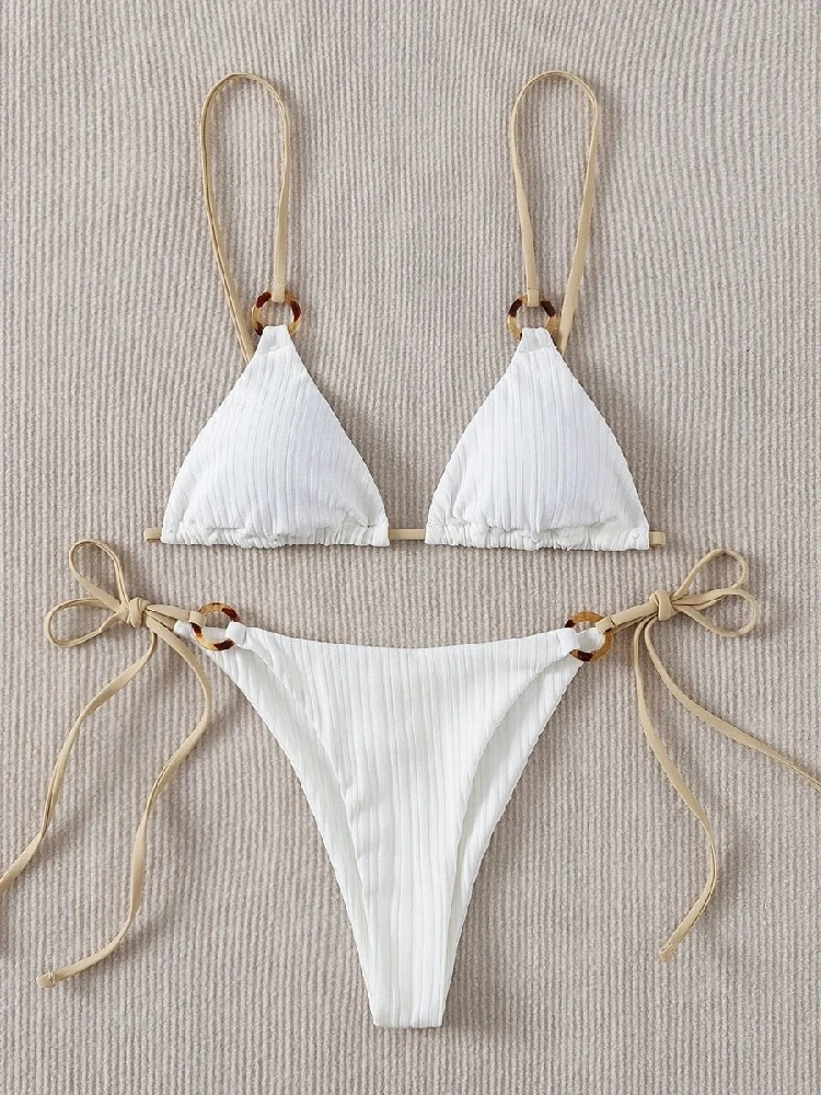 2023 Sexy Bikini ensemble mignon blanc uni anneau lié Spaghetti sangle Triangle string Biquini maillot de bain maillots de bain femmes maillot de bain B0