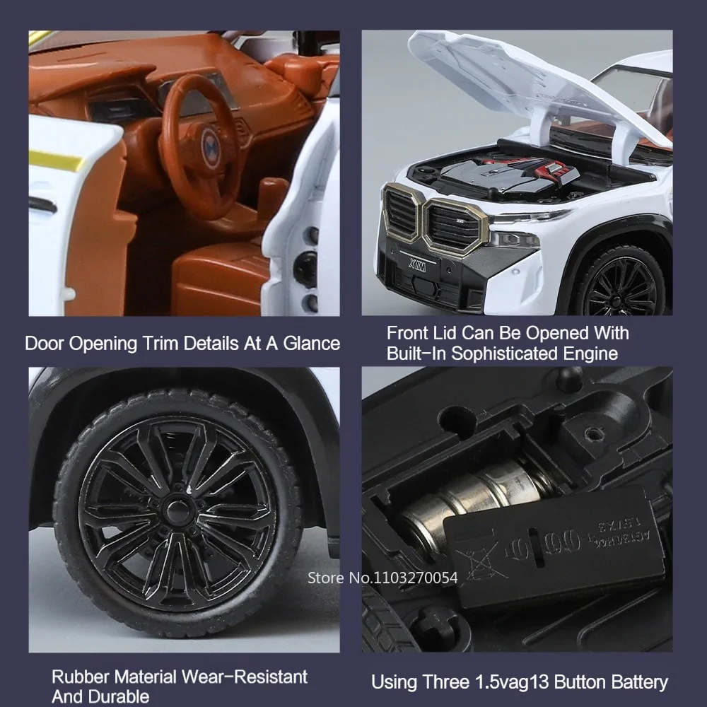 รถของเล่นโมเดล XM X5 ขนาด 1/24 ผลิตจากโลหะผสม ดีไซน์แบบไดแคสต์ เปิดประตูได้ 6 บาน หลังคาแบบ Starry Sky ยางกันกระแทก มีเสียงและไฟ  แบบดึงหลัง ของเล่นเด็ก