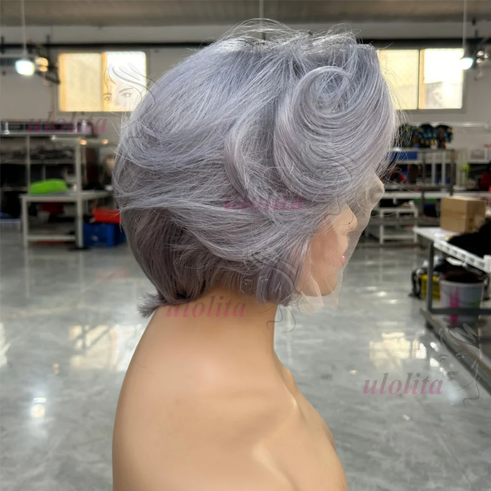 Pixie Cut Echthaarperücken, Salz-und-Pfeffer-Perücken, kurze Bob-Echthaarperücken, sofort tragbar, ohne Klebstoff, 13x4 Lace Frontal Perücken, brasilianisch gewellt – Detail 5