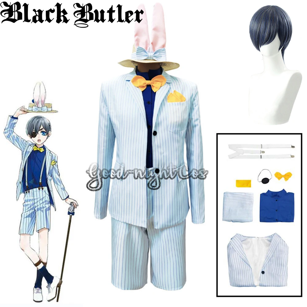 

Anime Black Butler Ciel Phantomhive Cosplay Costumes Wig Bunny Hat Gentleman Uniform Suits Halloween Party Stage Costuming