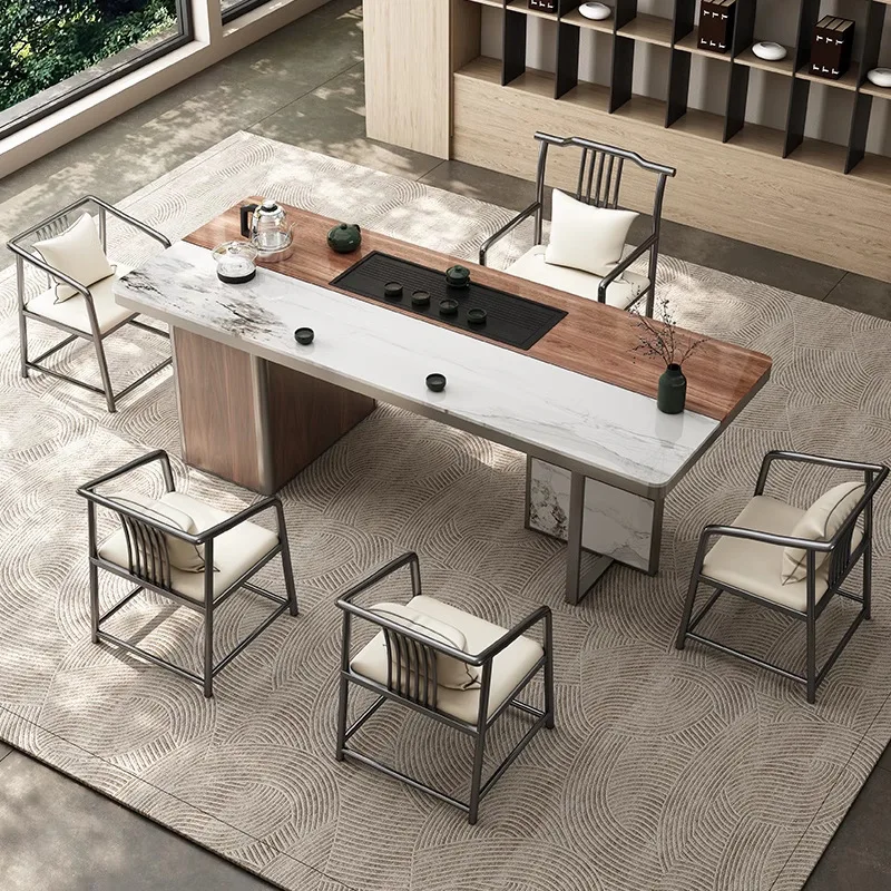 

Office home New Chinese light luxury rock slab tea table and chair combination Modern office home living room tea table