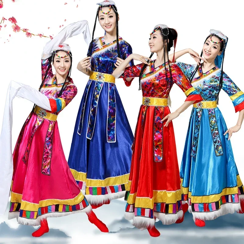 Women Classical Mongolian Performance Dress Ancient Tibetan Folk Dance Ethnic Traditional Dance Dress National Dance Stage Wear