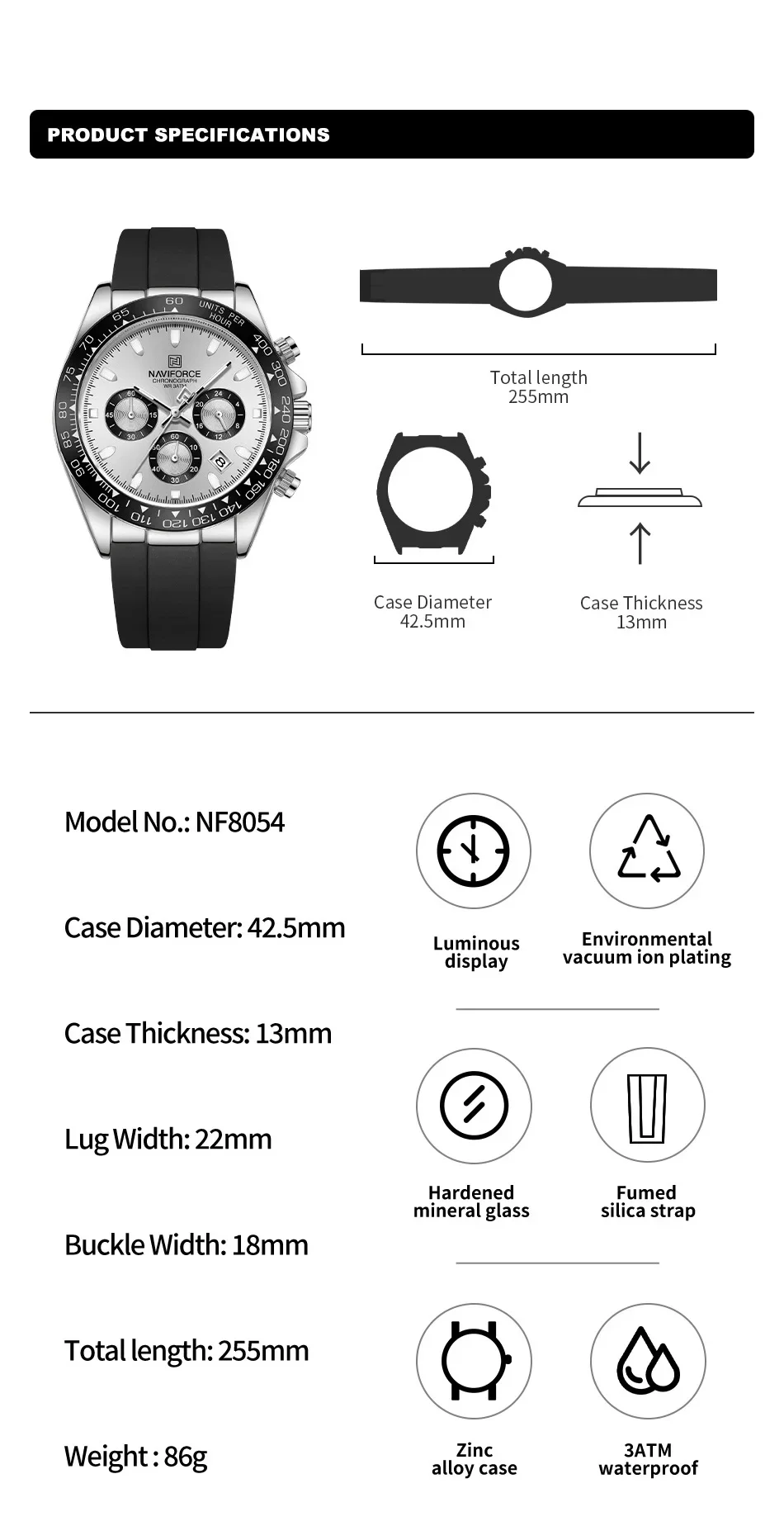 NAVIFORCE NF8054 Originaluhren für Herren, Silikonarmband, lässige Sport-Chronographen-Armbanduhr mit Leuchtfunktion – Detail 2