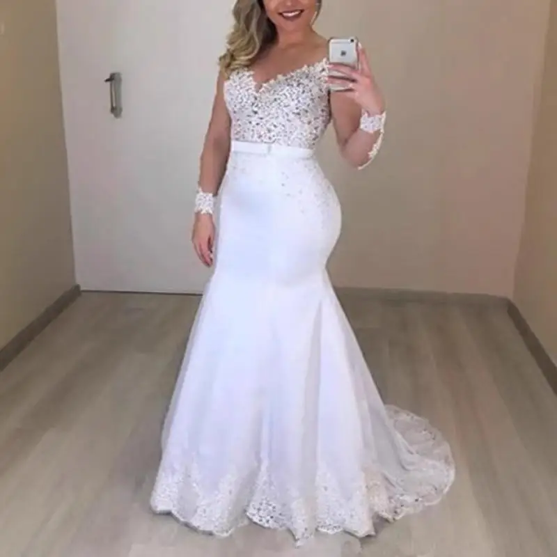 Franse trouwjurk met lange mouwen V-hals kanten mouwen Bruidsrugloze welkomstjurk Kleine sleepjurk op maat